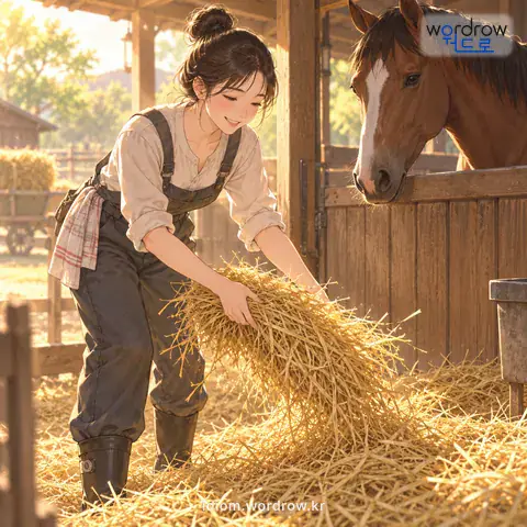 ‘깃을 주다’의 첫 번째 뜻을 표현한 그림: 외양간, 마구간, 닭둥우리 따위에 짚이나 마른풀을 깔아 주다.
