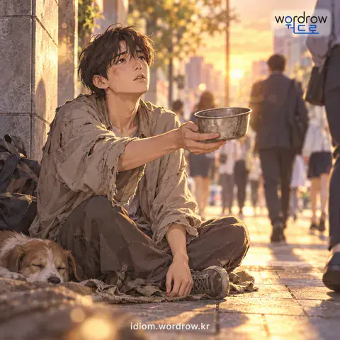 ‘깡통을 차다’의 첫 번째 뜻을 표현한 그림: 빌어먹는 신세가 되다.