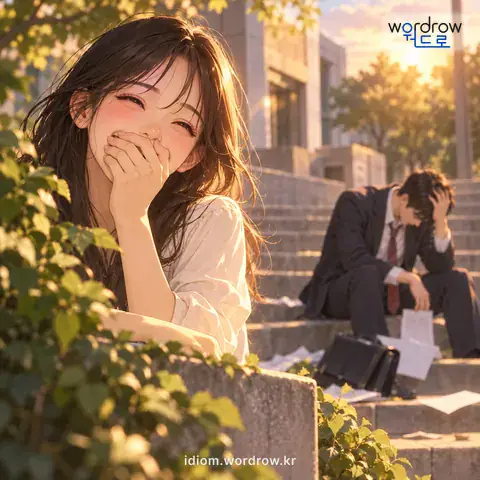 ‘깨소금 맛’의 첫 번째 뜻을 표현한 그림: 남의 불행을 보고 몹시 통쾌하다는 뜻으로 이르는 말.