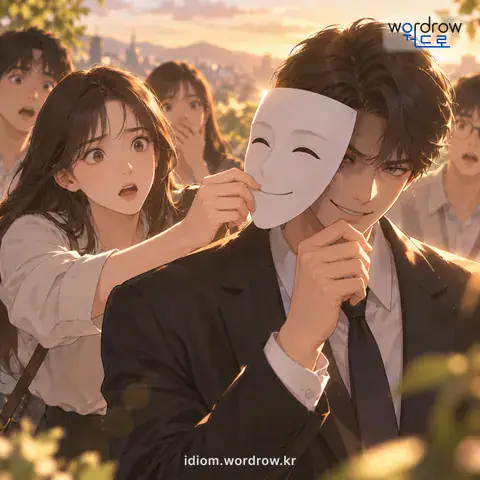 ‘꼬리가 드러나다’의 첫 번째 뜻을 표현한 그림: 정체가 알려지거나 밝혀지다.