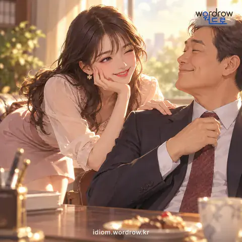 ‘꼬리를 치다’의 첫 번째 뜻을 표현한 그림: (속되게) 아양을 떨다.
