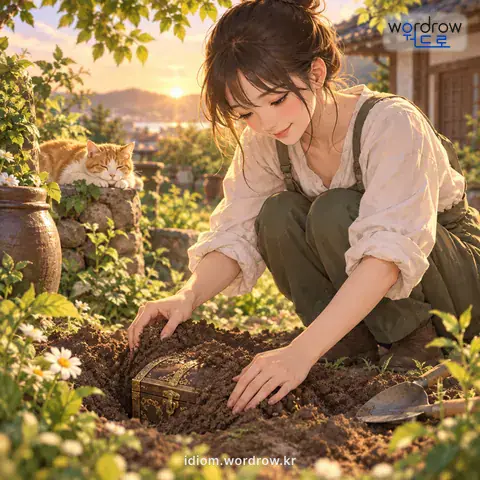 ‘꿀단지를 파묻어 놓다’의 첫 번째 뜻을 표현한 그림: 좋은 것을 감추어 두다.