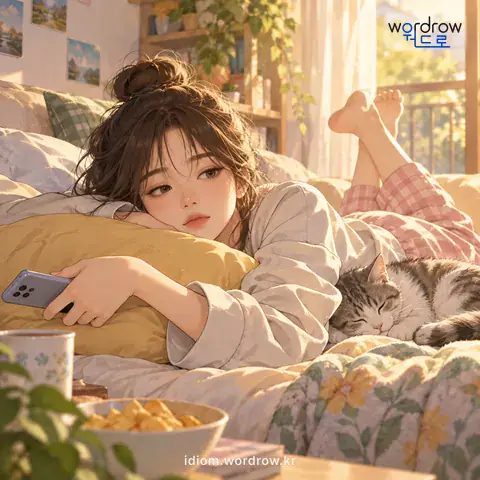 ‘꿈쩍도 안 하다’의 첫 번째 뜻을 표현한 그림: 전혀 활동하거나 일하지 아니하다.