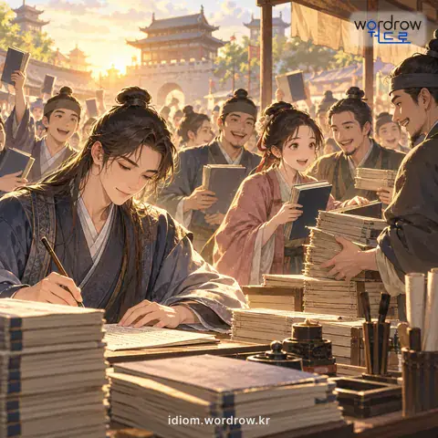 ‘낙양의 지가를 올리다’의 첫 번째 뜻을 표현한 그림: 중국 진(晉)나라의 좌사(左思)가 ≪삼도부(三都賦)≫를 지었을 때 낙양 사람이 다투어 이것을 베낀 까닭에 종잇값이 올랐다는 데서 나온 말로, 어떤 책이 매우 잘 팔림을 비유적으로 이르는 말.