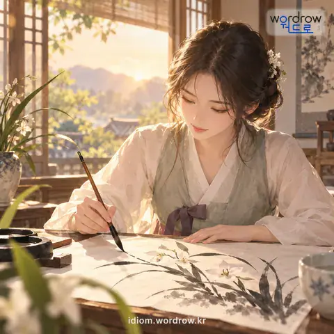 ‘난초를 치다’의 첫 번째 뜻을 표현한 그림: 동양화에서, 난초를 그리다.