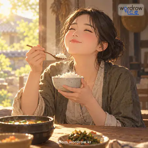 ‘낟알 구경을 하다’의 첫 번째 뜻을 표현한 그림: (완곡하게) 오래간만에 밥을 먹어 보다.