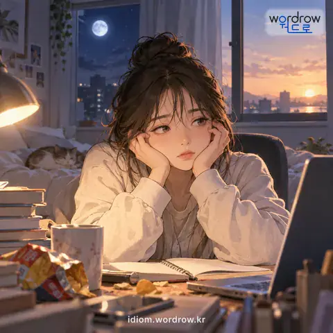‘날밤을 새우다’의 첫 번째 뜻을 표현한 그림: 부질없이 괜히 자지 아니하고 밤을 새우다.