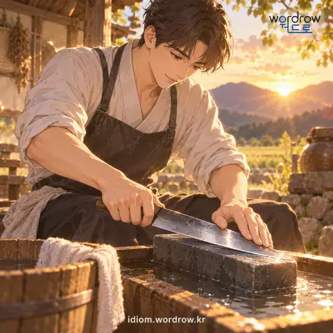 ‘날을 세우다’의 첫 번째 뜻을 표현한 그림: 연장의 날을 날카롭게 하다.
