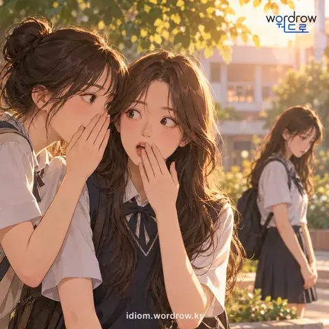 ‘남의 말을 하다’의 첫 번째 뜻을 표현한 그림: 이러쿵저러쿵 남에 대하여 뒷말을 하거나 시비하다.