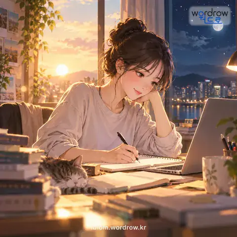 ‘낮과 밤을 잊다’의 첫 번째 뜻을 표현한 그림: 어떤 일을 하는 데에 시간이 가는 줄 모르다.
