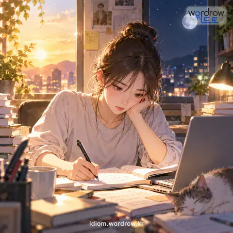 ‘낮과 밤이 따로 없다’의 첫 번째 뜻을 표현한 그림: 어떤 일을 쉬지 않고 계속하다.