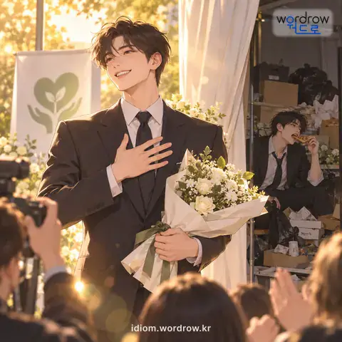 ‘너울을 쓰다’의 첫 번째 뜻을 표현한 그림: 속이나 진짜 내용은 그렇지 않으면서 그럴듯하게 좋은 명색을 내걸다.