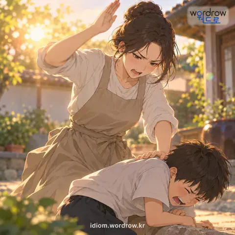 ‘노린내가 나도록 때리다’의 첫 번째 뜻을 표현한 그림: 몹시 때리다.