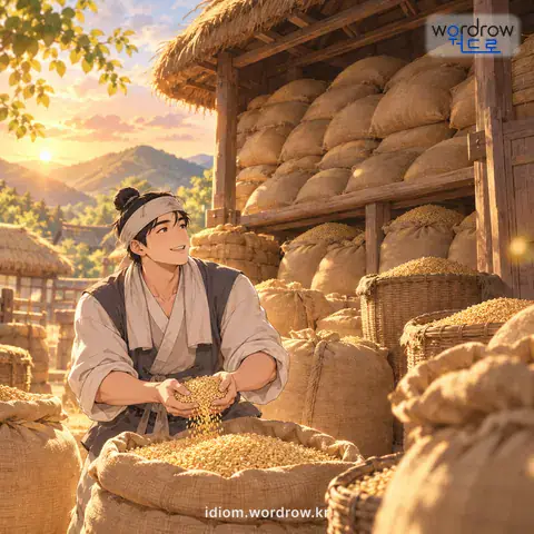 ‘노적 담불에 싸이다’의 첫 번째 뜻을 표현한 그림: 곡식을 많이 쌓아 두다.