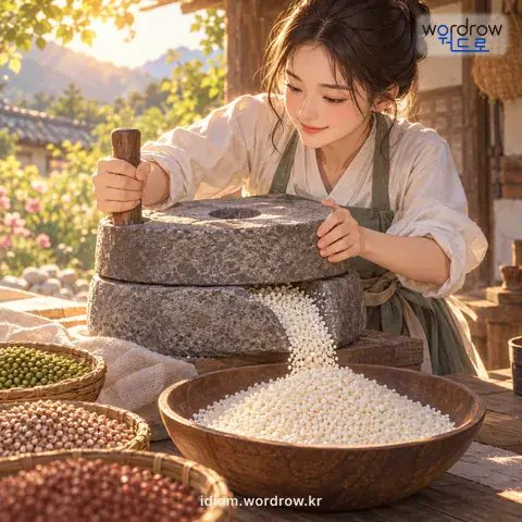 ‘녹쌀을 내다’의 첫 번째 뜻을 표현한 그림: 녹두, 메밀, 장목수수 따위를 갈아서 쌀알처럼 되게 하다.