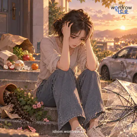 ‘뇌성에 벽력’의 첫 번째 뜻을 표현한 그림: 불행한 일이 거듭 생김.