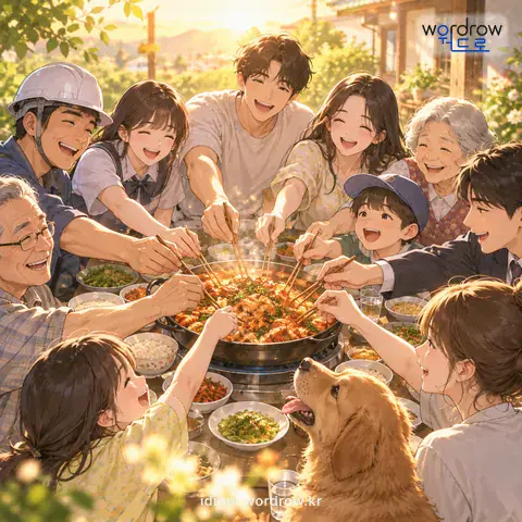 ‘누구를 막론하고’의 첫 번째 뜻을 표현한 그림: 누구라 가릴 것 없이 모두 다.
