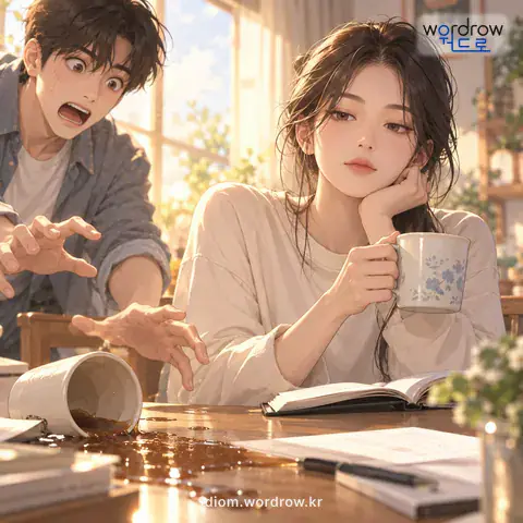 ‘눈 하나 깜짝 안 하다’의 첫 번째 뜻을 표현한 그림: 태도나 기색이 아무렇지도 않은 듯이 예사롭게 굴다.