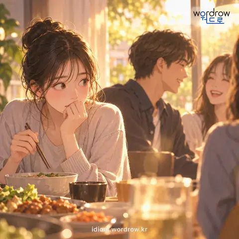 ‘눈치를 살피다’의 첫 번째 뜻을 표현한 그림: 남의 눈치를 엿보다.