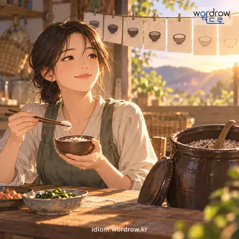 ‘느루 먹다’의 첫 번째 뜻을 표현한 그림: 양식을 절약하여 예정보다 더 오랫동안 먹다.