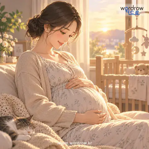 ‘달이 차다’의 첫 번째 뜻을 표현한 그림: 아이를 배어 낳을 달이 되다.