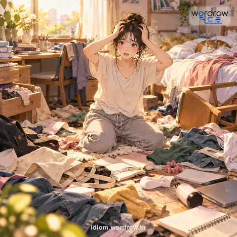 ‘닭이 헤집어 놓은 것 같다’의 첫 번째 뜻을 표현한 그림: (비유적으로) 몹시 어지럽고 무질서하게 널려 있다.