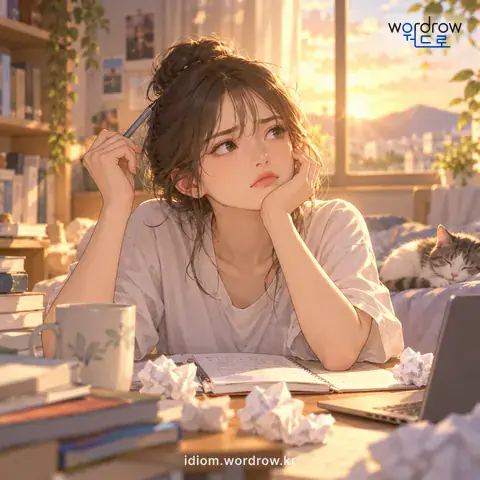 ‘답이 안 나오다’의 첫 번째 뜻을 표현한 그림: 해결 방법이 마련되거나 떠오르지 아니하다.