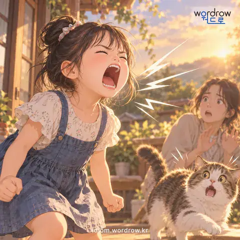 ‘대꼬챙이로 째는 소리를 한다’의 첫 번째 뜻을 표현한 그림: 유난히 날카로운 소리를 지르다.