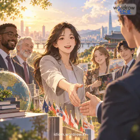‘대문을 열다’의 첫 번째 뜻을 표현한 그림: 정치, 경제, 문화 따위의 여러 분야에서 외부와의 관계를 가지다.