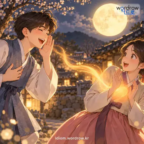 ‘더위를 팔다’의 첫 번째 뜻을 표현한 그림: 정월 보름날에 행해지는 더위팔기 풍습에서 나온 말로, 남의 이름을 불러 상대방이 대답을 하면 자신의 더위를 남에게 주어 한여름에 더위를 먹지 않게 됨을 이르는 말.