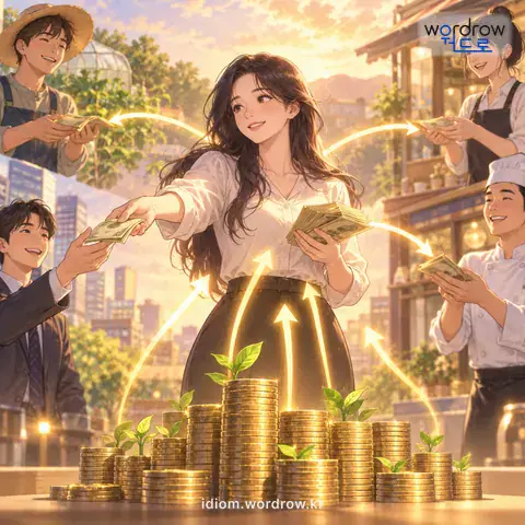 ‘돈을 굴리다’의 첫 번째 뜻을 표현한 그림: 돈을 여기저기 빌려주어 이익을 늘리다.