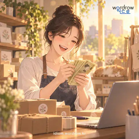 ‘돈을 만지다’의 첫 번째 뜻을 표현한 그림: 어떤 일을 하여 돈을 벌다.