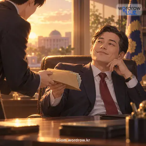 ‘돈을 먹다’의 첫 번째 뜻을 표현한 그림: (속되게) 뇌물을 받다.