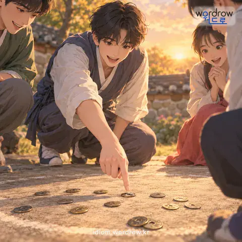 ‘돈을 주다’의 첫 번째 뜻을 표현한 그림: 돈치기에서, 판에 던진 돈 가운데 맞힐 것을 손가락으로 가리키다.