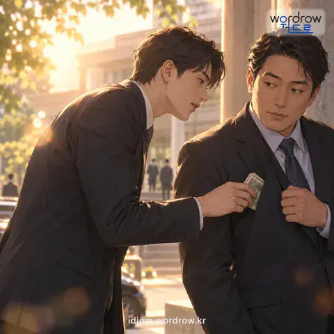 ‘돈을 찌르다’의 첫 번째 뜻을 표현한 그림: 남모르게 뇌물을 먹이다.