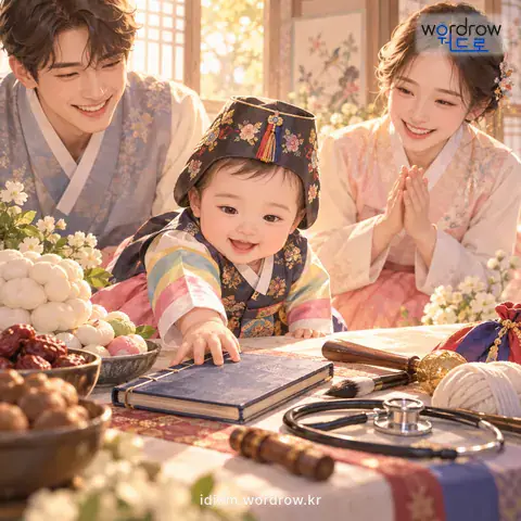 ‘돌을 잡히다’의 첫 번째 뜻을 표현한 그림: 아이의 첫돌을 즐겨 그날에 여러 가지 먹을 것과 물건을 차려 놓고 그 아이로 하여금 마음대로 집게 하다.