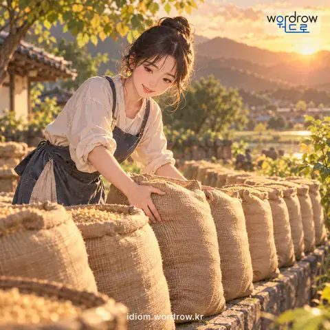 ‘동을 대다’의 첫 번째 뜻을 표현한 그림: 도중에 떨어지지 아니하게 계속 잇대다.