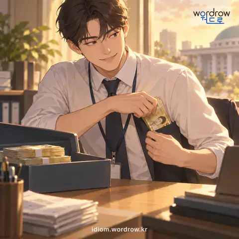 ‘두 주머니를 차다’의 첫 번째 뜻을 표현한 그림: 본래의 목적대로 쓸 돈에서 개인적으로 쓸 돈을 몰래 빼서 각각 보관하다.