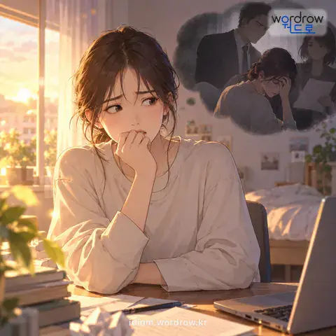 ‘뒤가 나다’의 첫 번째 뜻을 표현한 그림: 자기의 잘못이나 약점으로 뒤에 가서 좋지 않은 일이 생길 것 같아 마음이 놓이지 않다.