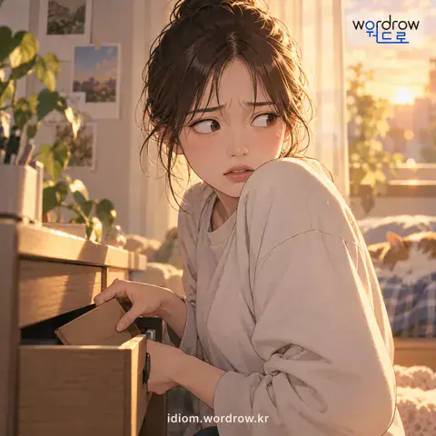 ‘뒤가 켕기다’의 첫 번째 뜻을 표현한 그림: 약점이나 잘못이 있어 마음이 편하지 아니하다.