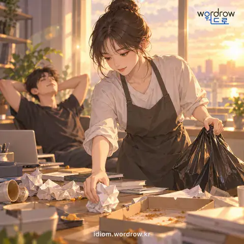 ‘뒤를 거두다’의 첫 번째 뜻을 표현한 그림: 뒷일을 수습하다.