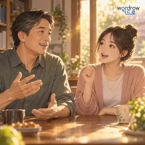 ‘뒤를 달다’의 첫 번째 뜻을 표현한 그림: 앞에서 한 말에 뒤를 이어서 보충하여 말하다.