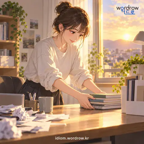 ‘뒤를 맑히다’의 첫 번째 뜻을 표현한 그림: 일의 뒤끝을 깨끗이 정리하거나 처리하다.