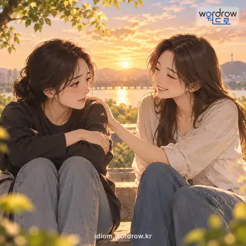 ‘뒤를 풀다’의 첫 번째 뜻을 표현한 그림: 맺힌 감정을 누그러지게 하거나 없어지게 하다.