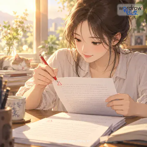 ‘등자를 치다’의 첫 번째 뜻을 표현한 그림: 어떤 글을 대조하여 볼 때 맞다는 뜻으로, 글의 첫머리에 ‘△’ 표를 하다.