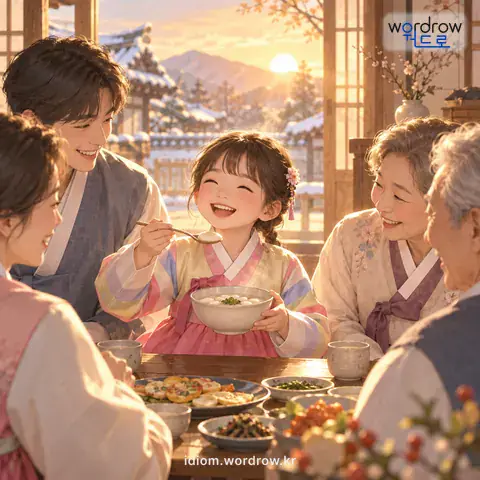 ‘떡국을 먹다’의 첫 번째 뜻을 표현한 그림: 설을 쇠어서 나이를 한 살 더 먹다.