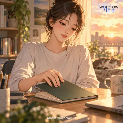 ‘뚜껑을 덮다’의 첫 번째 뜻을 표현한 그림: 하던 말이나 일을 그만두다.