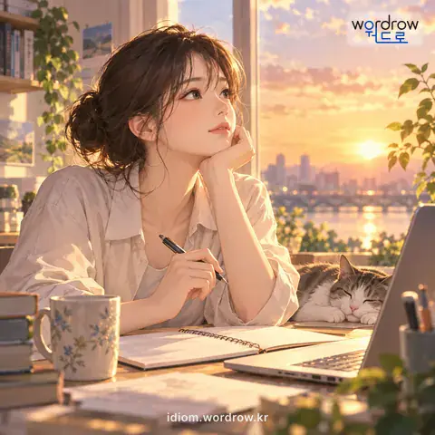 ‘뜸을 들이다’의 첫 번째 뜻을 표현한 그림: 일이나 말을 할 때에, 쉬거나 여유를 갖기 위해 서둘지 않고 한동안 가만히 있는 경우를 비유적으로 이르는 말.