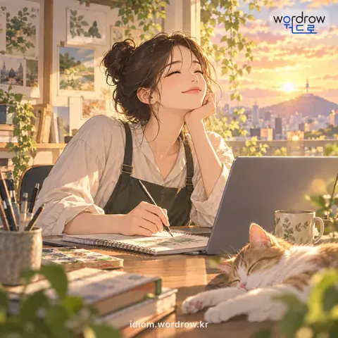 ‘마음에 붙다’의 첫 번째 뜻을 표현한 그림: 직업이나 생활 따위가 마음에 맞아 마음이 들뜨거나 불만스러워하지 아니하고 안착되다.