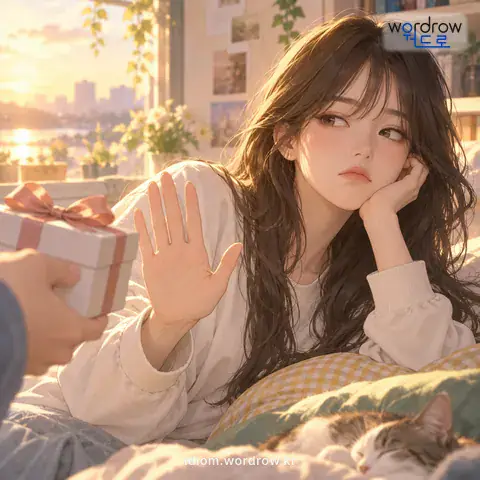 ‘마음에 없다’의 첫 번째 뜻을 표현한 그림: 무엇을 하거나 가지고 싶은 생각이 없다.